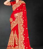 Red sequin embroidered art silk saree with blouse piece