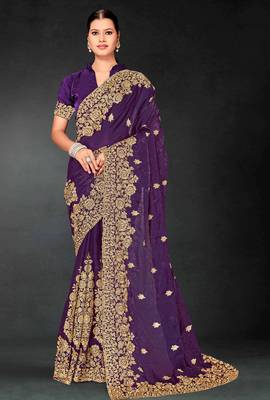 Purple sequin embroidered art silk saree with blouse piece 1