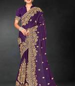 Purple sequin embroidered art silk saree with blouse piece