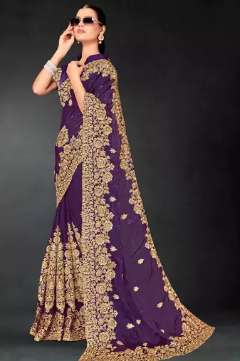 Purple sequin embroidered art silk saree with blouse piece