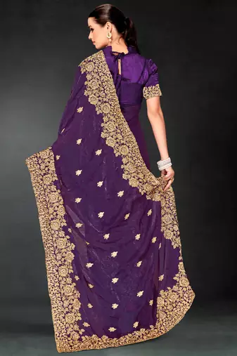 Purple sequin embroidered art silk saree with blouse piece