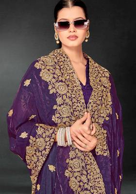 Purple sequin embroidered art silk saree with blouse piece 4