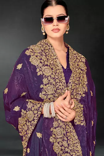 Purple sequin embroidered art silk saree with blouse piece