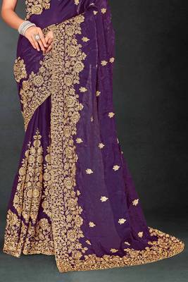 Purple sequin embroidered art silk saree with blouse piece 5