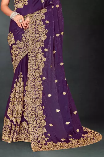 Purple sequin embroidered art silk saree with blouse piece