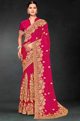 Magenta sequin embroidered art silk saree with blouse piece 1