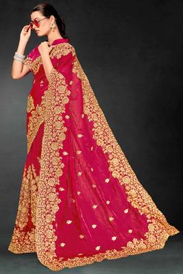 Magenta sequin embroidered art silk saree with blouse piece 2