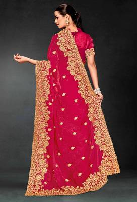 Magenta sequin embroidered art silk saree with blouse piece 3