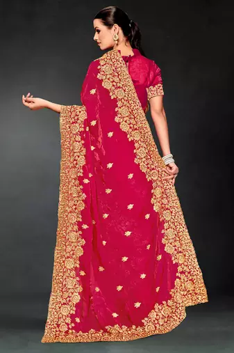 Magenta sequin embroidered art silk saree with blouse piece