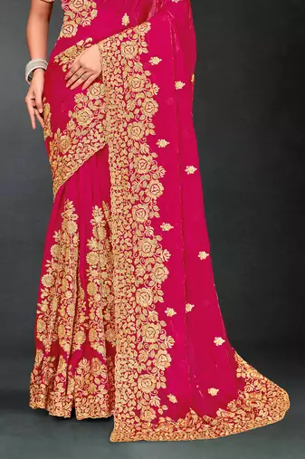 Magenta sequin embroidered art silk saree with blouse piece