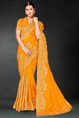 Mustard sequin embroidered art silk saree with blouse piece 1
