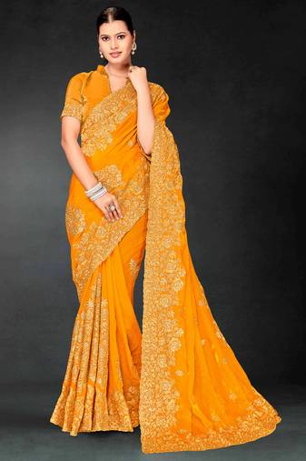 Mustard sequin embroidered art silk saree with blouse piece