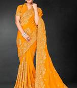 Mustard sequin embroidered art silk saree with blouse piece