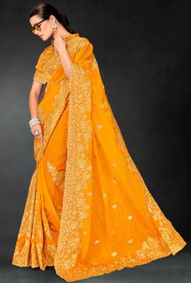 Mustard sequin embroidered art silk saree with blouse piece 2