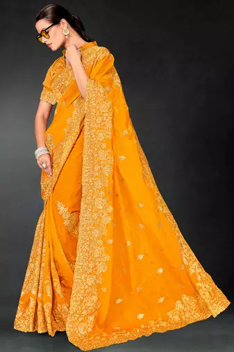 Mustard sequin embroidered art silk saree with blouse piece