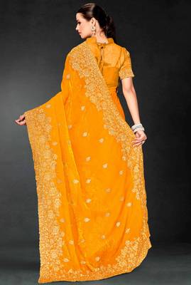 Mustard sequin embroidered art silk saree with blouse piece 3