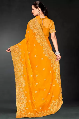 Mustard sequin embroidered art silk saree with blouse piece