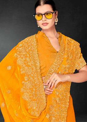 Mustard sequin embroidered art silk saree with blouse piece 4