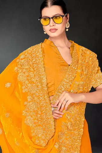 Mustard sequin embroidered art silk saree with blouse piece