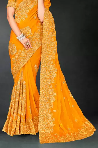 Mustard sequin embroidered art silk saree with blouse piece