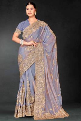 Grey sequin embroidered art silk saree with blouse piece 1