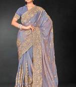 Grey sequin embroidered art silk saree with blouse piece