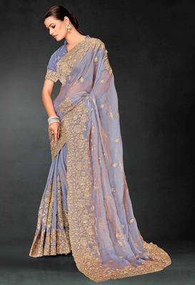 Grey sequin embroidered art silk saree with blouse piece 2