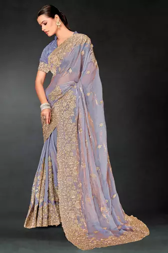 Grey sequin embroidered art silk saree with blouse piece