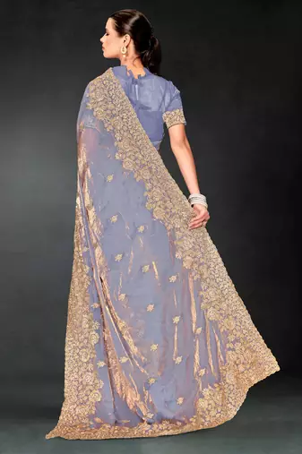 Grey sequin embroidered art silk saree with blouse piece