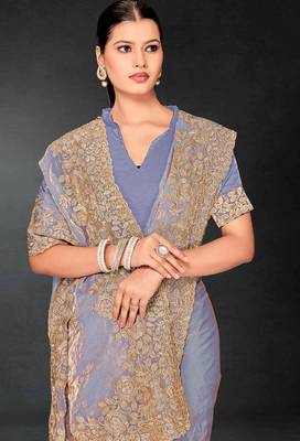 Grey sequin embroidered art silk saree with blouse piece 4