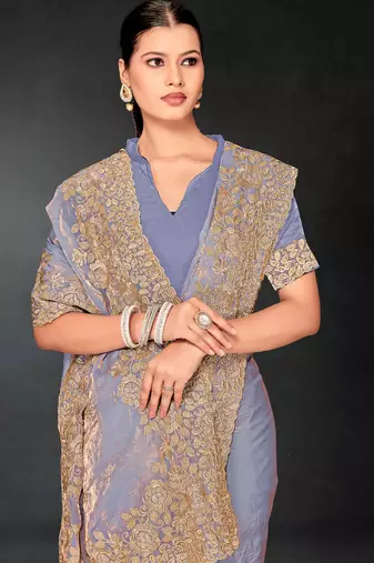 Grey sequin embroidered art silk saree with blouse piece