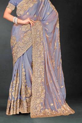Grey sequin embroidered art silk saree with blouse piece 5