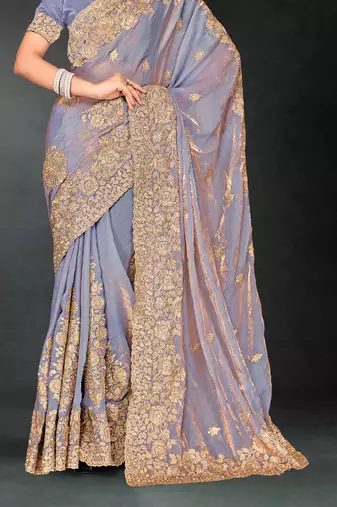 Grey sequin embroidered art silk saree with blouse piece