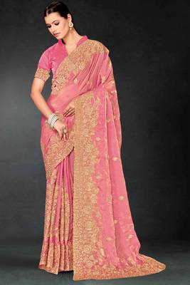 Pink sequin embroidered art silk saree with blouse piece 1