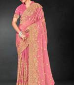 Pink sequin embroidered art silk saree with blouse piece