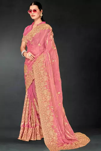 Pink sequin embroidered art silk saree with blouse piece