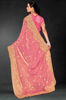 Pink sequin embroidered art silk saree with blouse piece 3