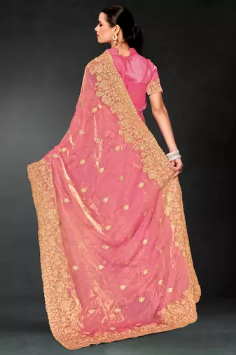 Pink sequin embroidered art silk saree with blouse piece