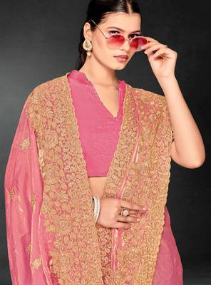 Pink sequin embroidered art silk saree with blouse piece 4