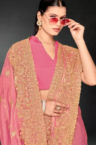 Pink sequin embroidered art silk saree with blouse piece