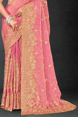 Pink sequin embroidered art silk saree with blouse piece 5