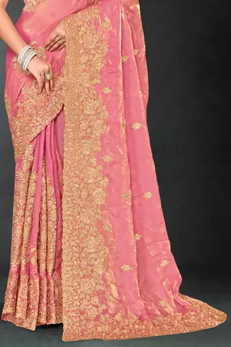 Pink sequin embroidered art silk saree with blouse piece