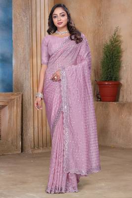 Pink sequin zari resham embroidered saree with matching blouse piece 1