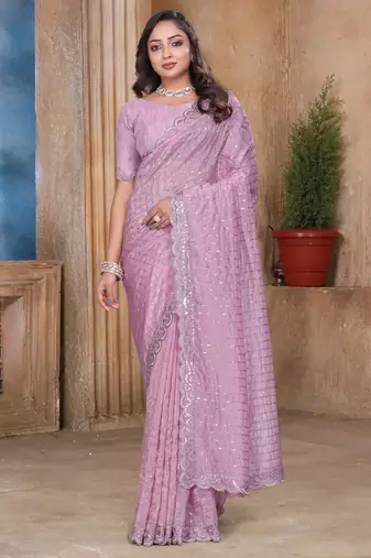 Pink sequin zari resham embroidered saree with matching blouse piece
