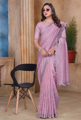 Pink sequin zari resham embroidered saree with matching blouse piece 2
