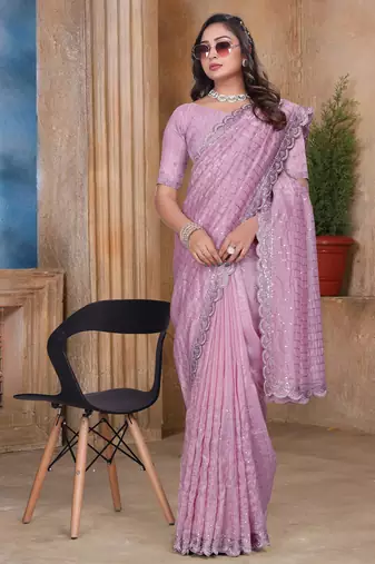 Pink sequin zari resham embroidered saree with matching blouse piece