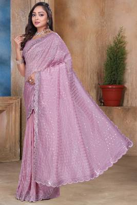 Pink sequin zari resham embroidered saree with matching blouse piece 3