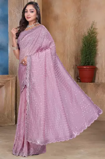 Pink sequin zari resham embroidered saree with matching blouse piece