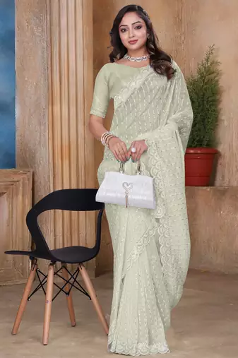 Cream sequin zari resham embroidered saree with matching blouse piece