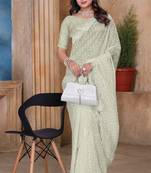 Cream sequin zari resham embroidered saree with matching blouse piece